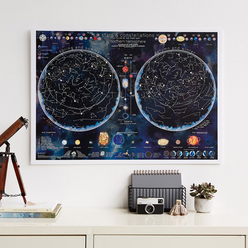Nástěnná mapa hvězd a souhvězdí svítící v noci