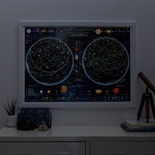 Nástěnná mapa hvězd a souhvězdí svítící v noci