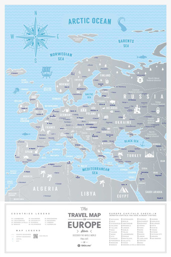 Stírací mapa Evropy Travel Map Silver Europe