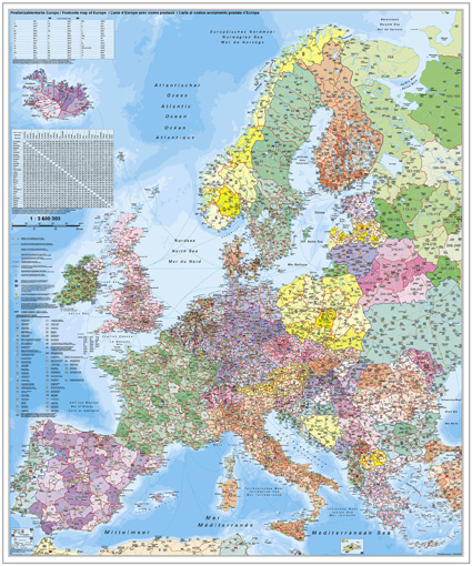 Spediční nástěnná mapa PSČ Evropy