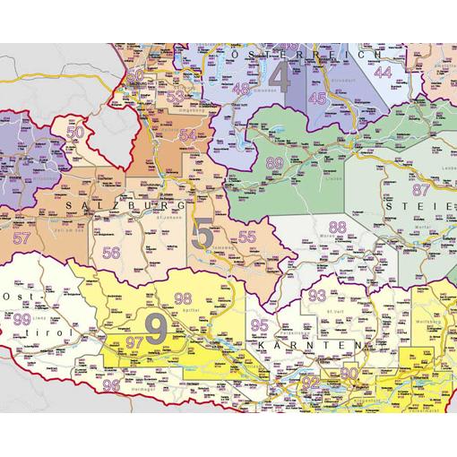 Spediční nástěnná mapa PSČ Rakouska