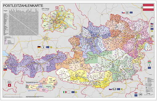 Spediční nástěnná mapa PSČ Rakouska