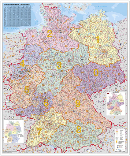Spediční nástěnná mapa PSČ Německa