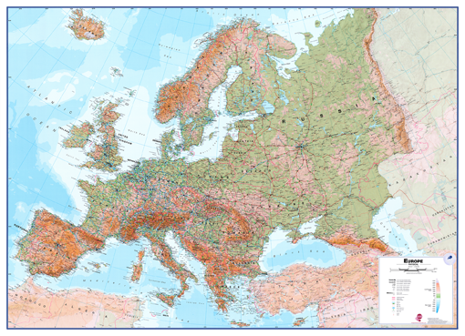 Fyzická nástěnná mapa Evropy
