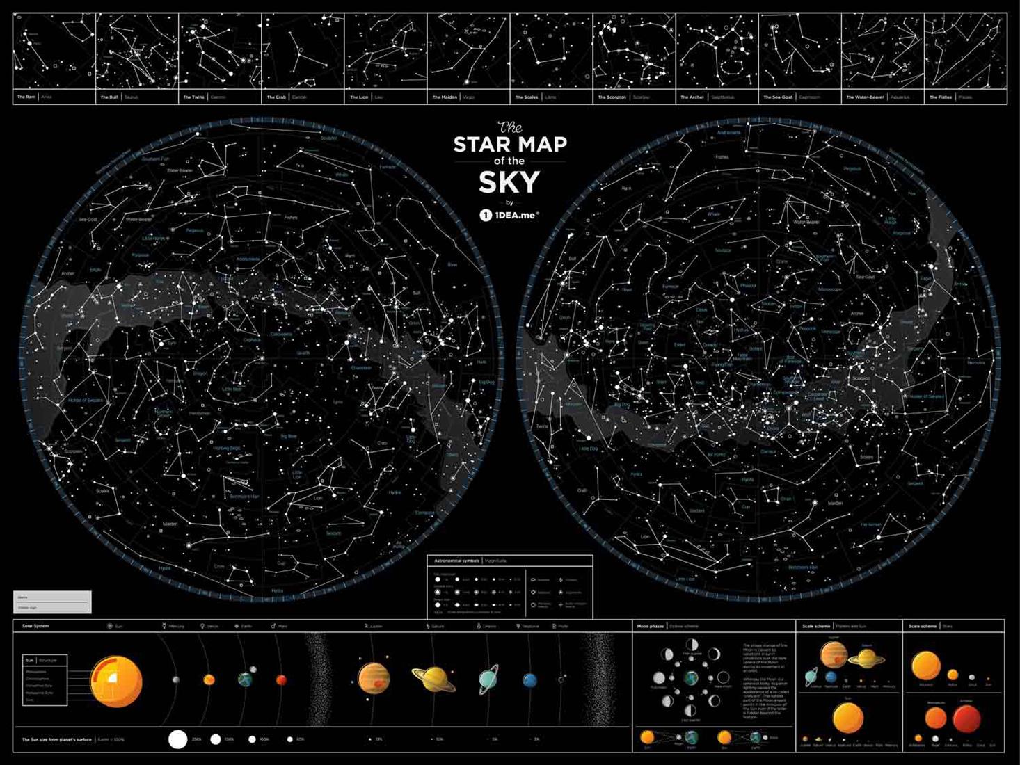 Mapa noční hvězdné oblohy svítící v noci TM