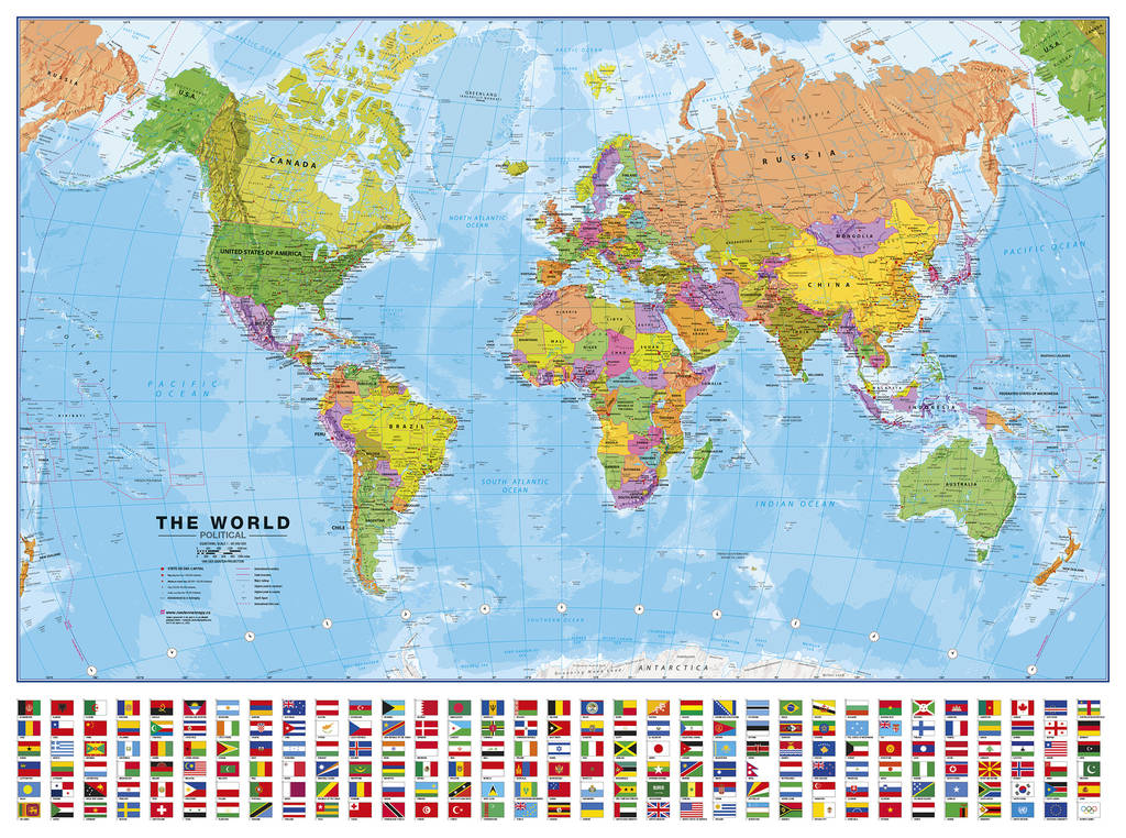 Politická nástěnná mapa světa s vlajkami