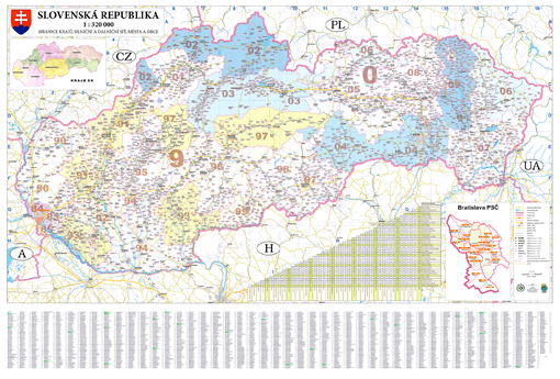 Nástěnná mapa PSČ Slovenska – 2. jakost