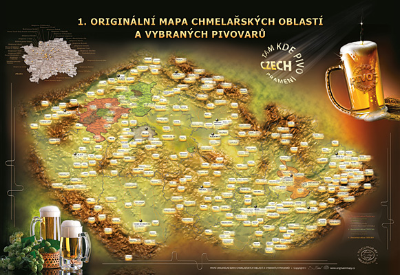 1. originální mapa chmelařských oblastí a vybraných pivovarů