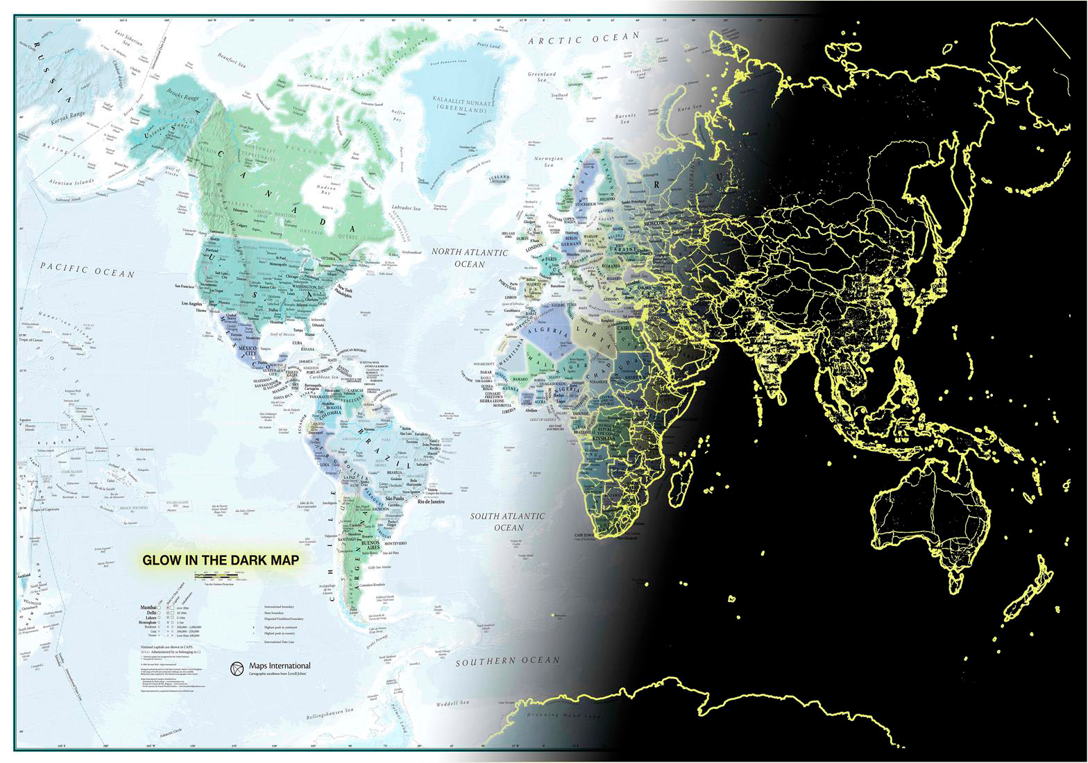 Nástěnná mapa světa fosforeskující ve tmě – 2. jakost