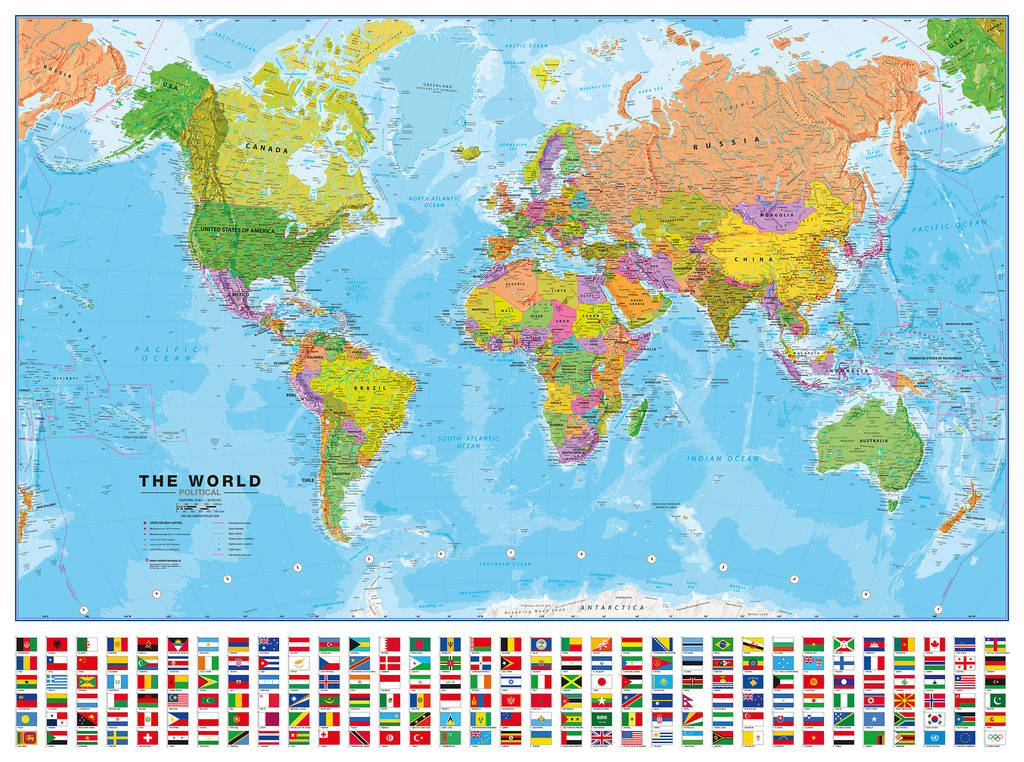 Politická nástěnná mapa světa s vlajkami