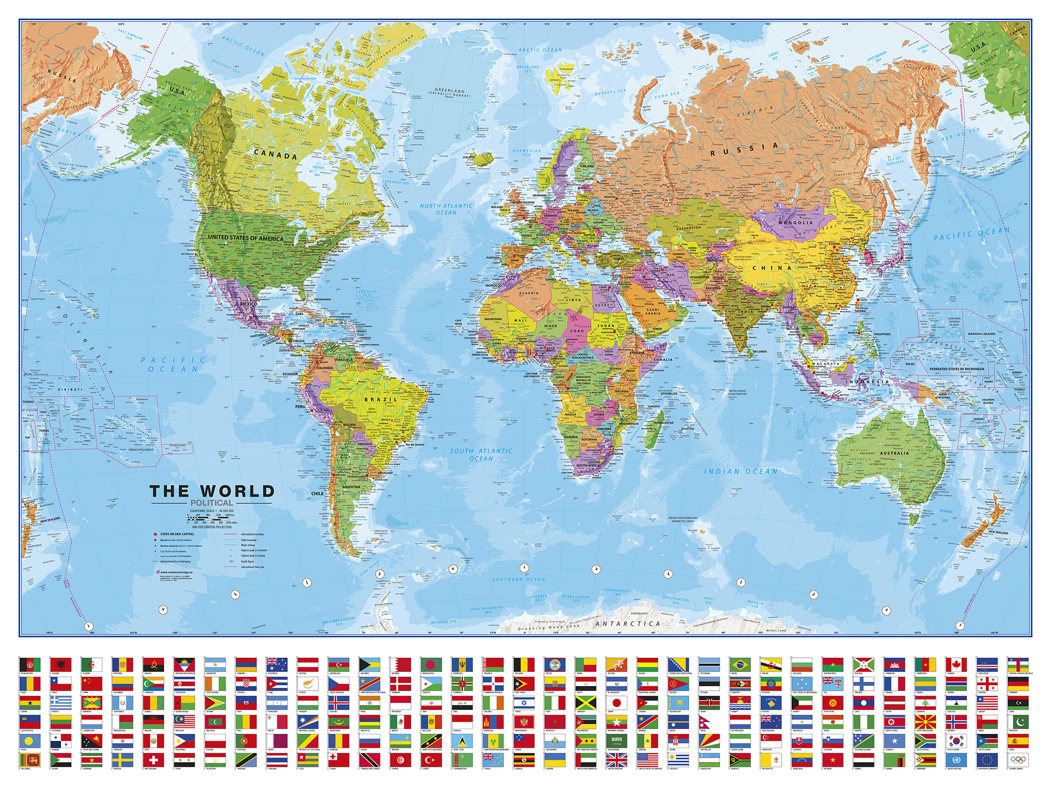 Politická nástěnná mapa světa s vlajkami
