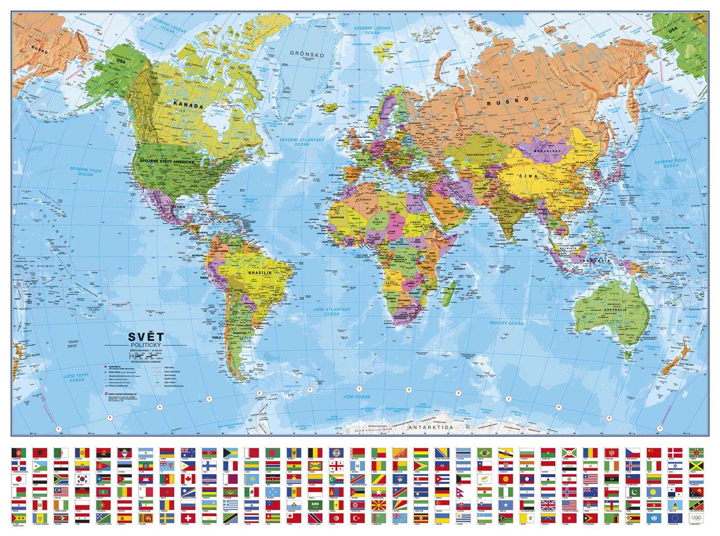 Politická nástěnná mapa světa v ČJ s vlajkami