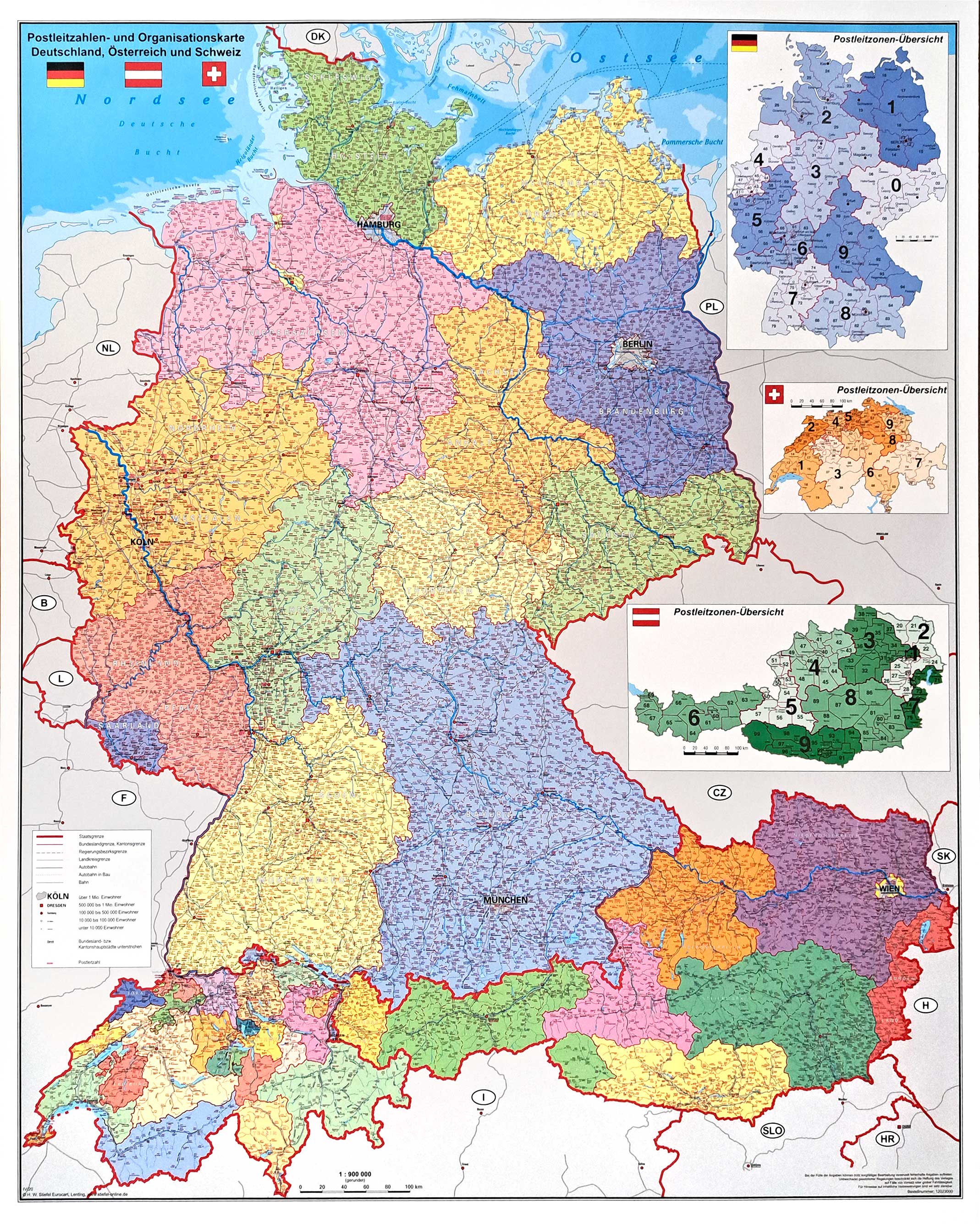Spediční nástěnná mapa PSČ Německa, Rakouska a Švýcarska