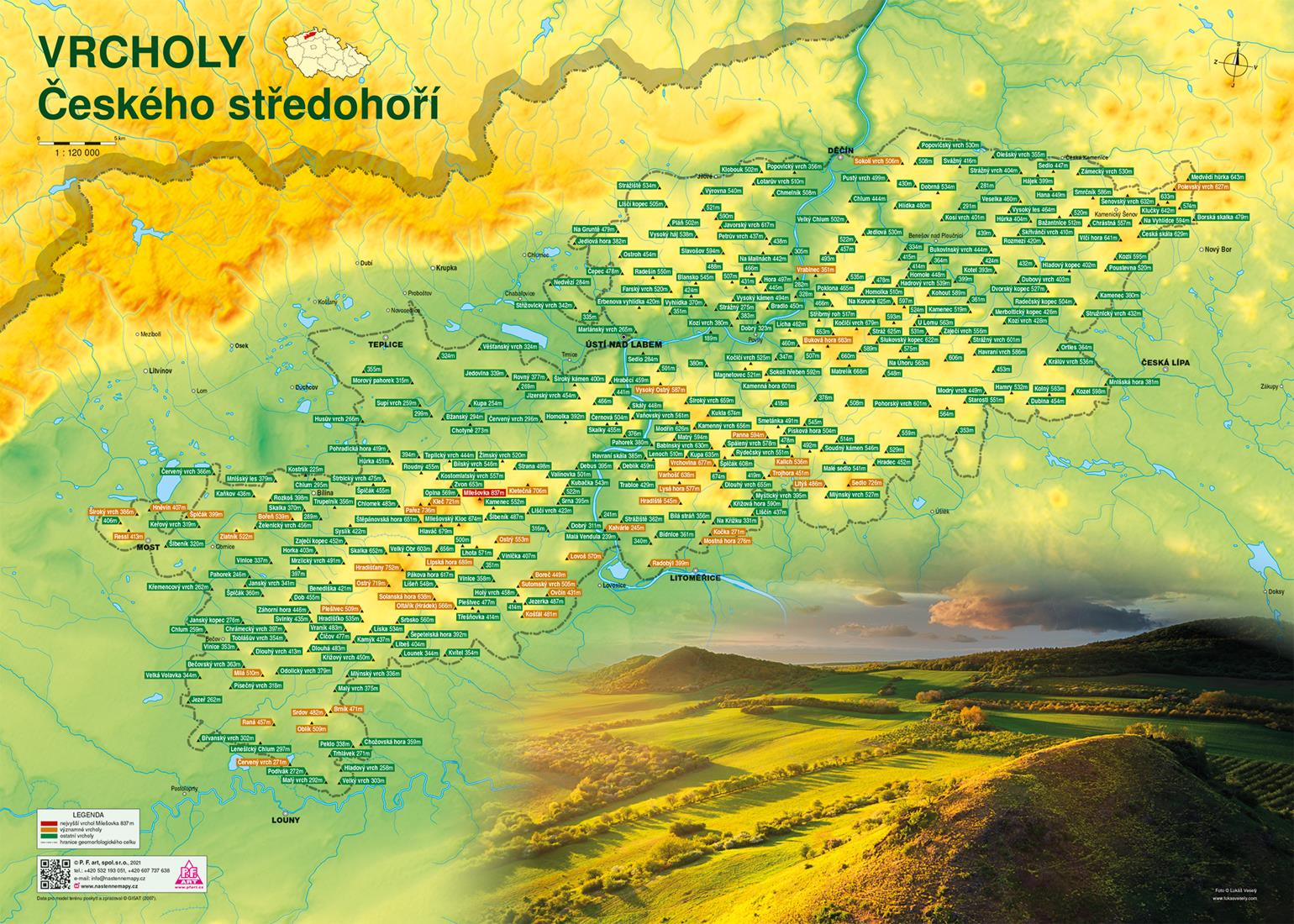 Nástěnná mapa vrcholů Českého středohoří