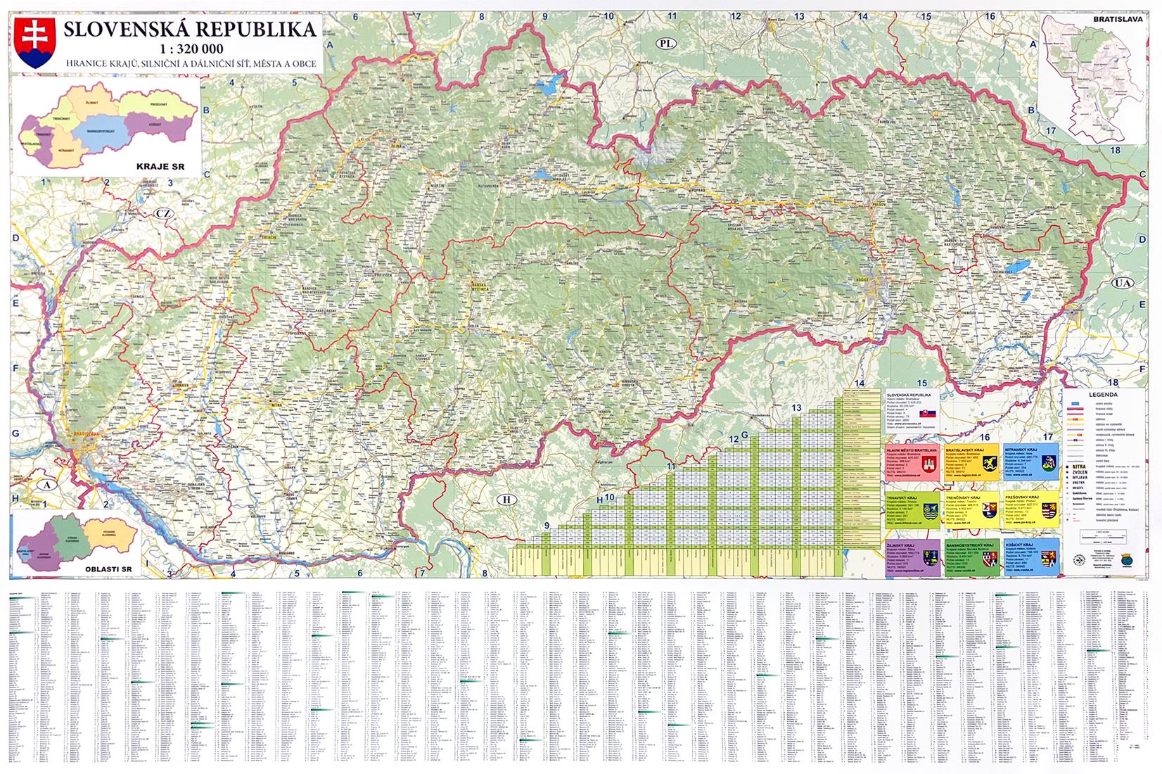 Silniční nástěnná mapa Slovenska