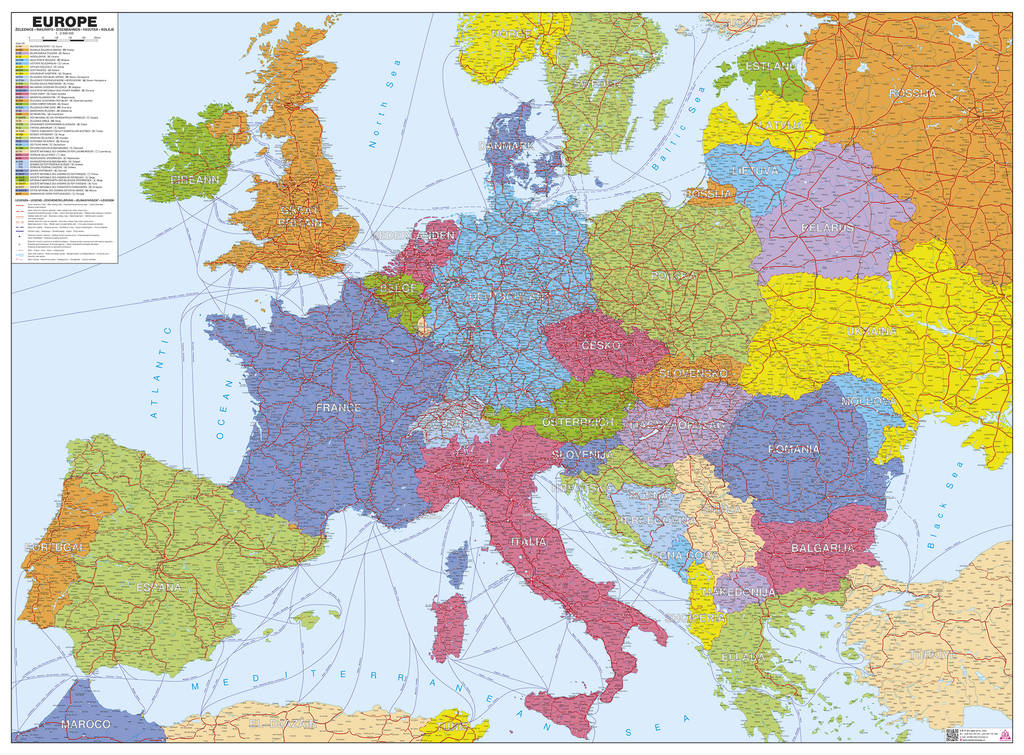 Železniční nástěnná mapa Evropy 