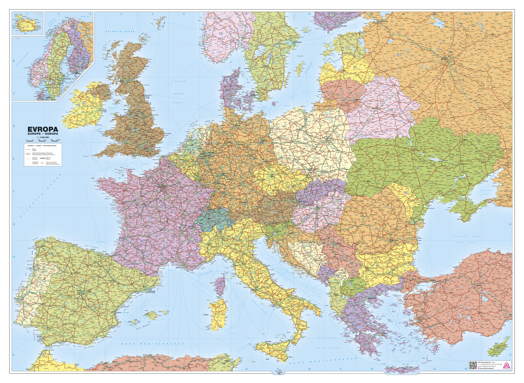 Silniční nástěnná mapa Evropy PF3600