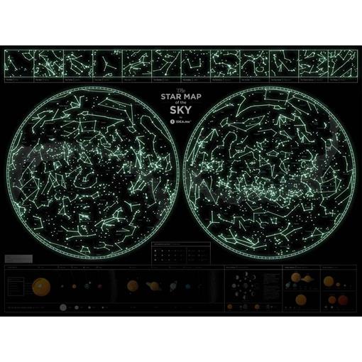 Mapa noční hvězdné oblohy fosforeskující v noci v rámu