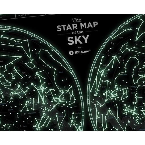 Mapa noční hvězdné oblohy fosforeskující v noci v rámu