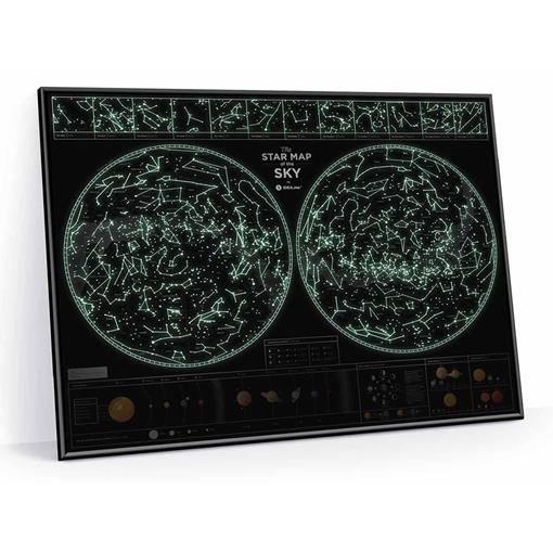 Mapa noční hvězdné oblohy fosforeskující v noci v rámu