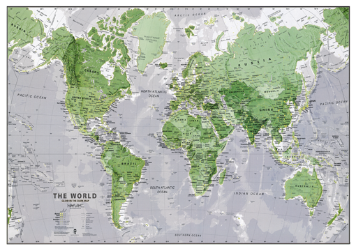 Nástěnná mapa světa fosforeskující ve tmě zelená