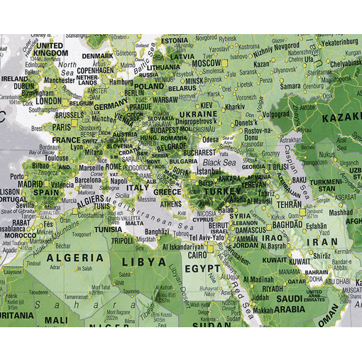 Nástěnná mapa světa fosforeskující ve tmě zelená