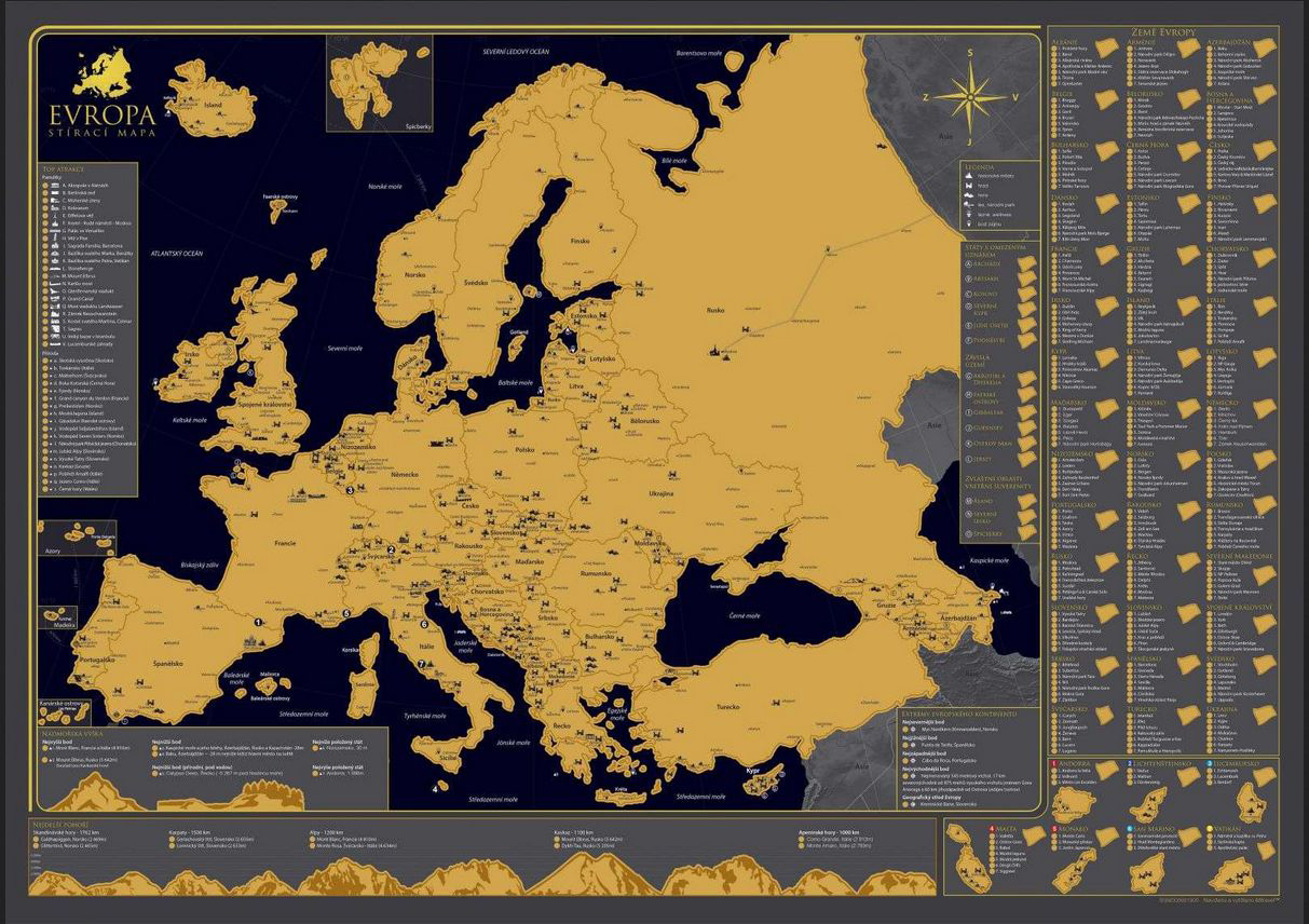Stírací mapa Evropy v češtině TR