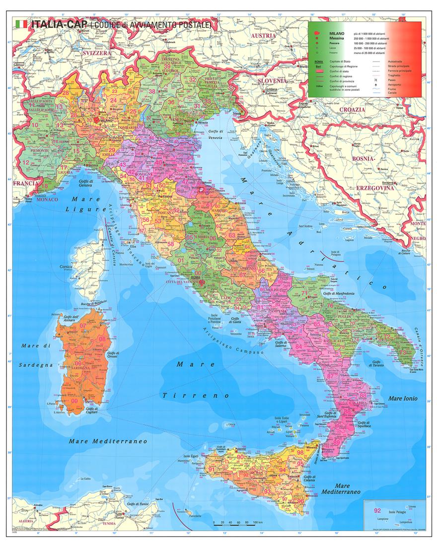 Spediční nástěnná mapa PSČ Itálie - 2. jakost