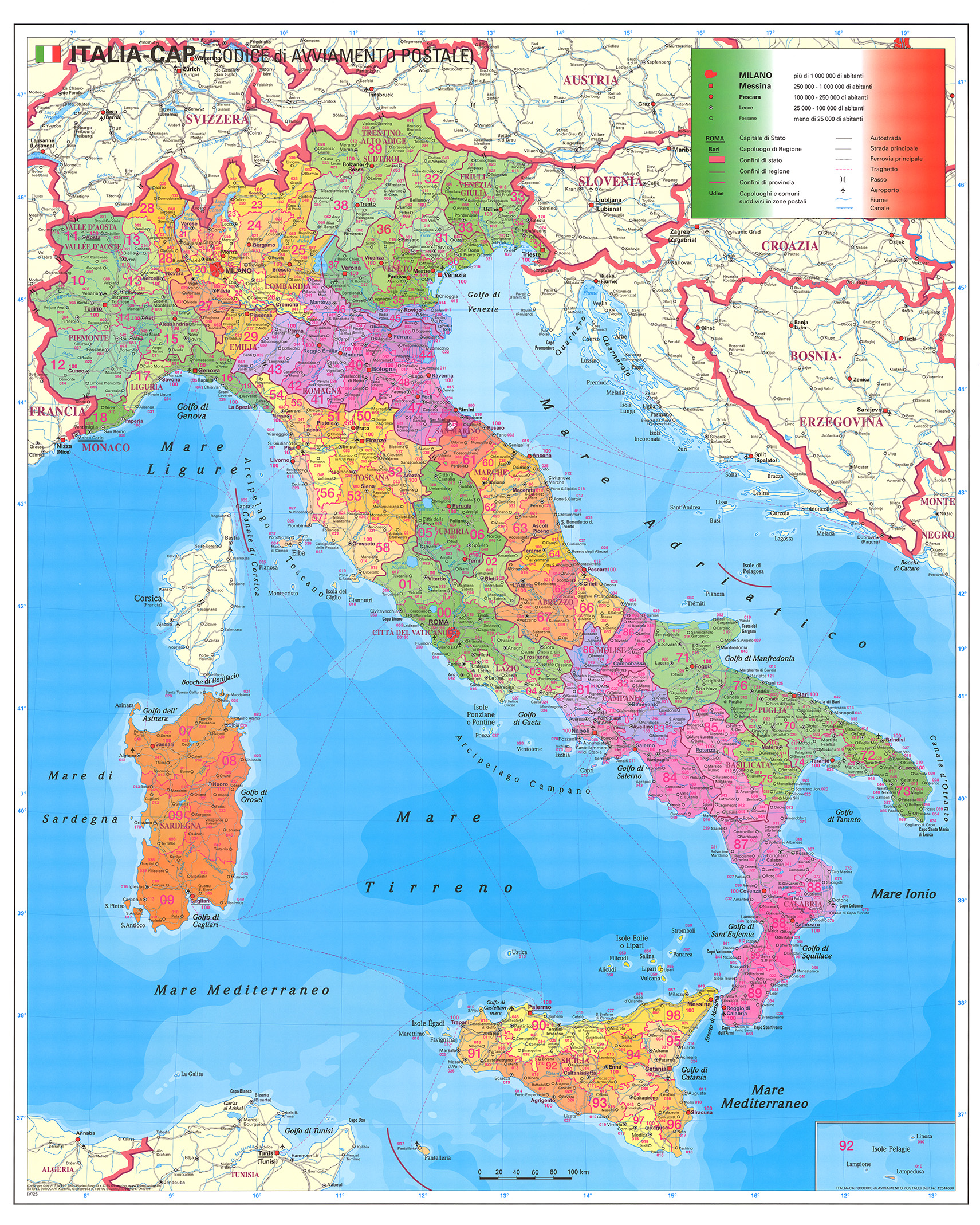 Spediční nástěnná mapa PSČ Itálie - 2. jakost
