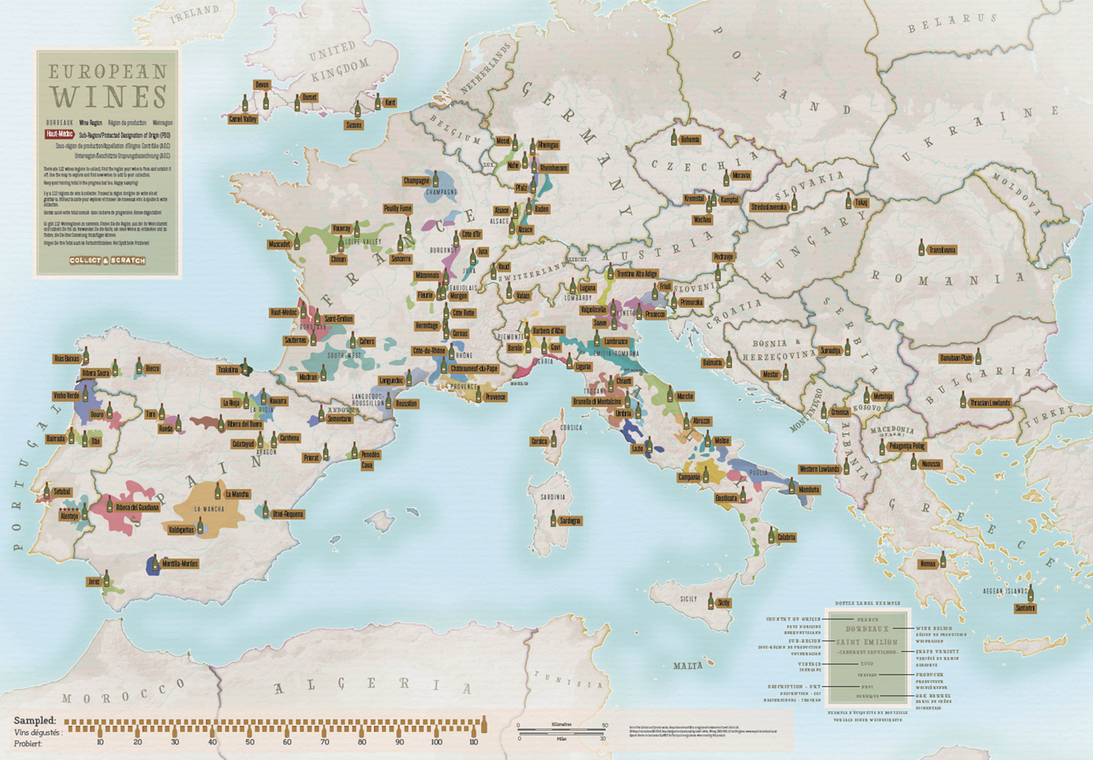 Stírací mapa vinařských oblastí Evropy