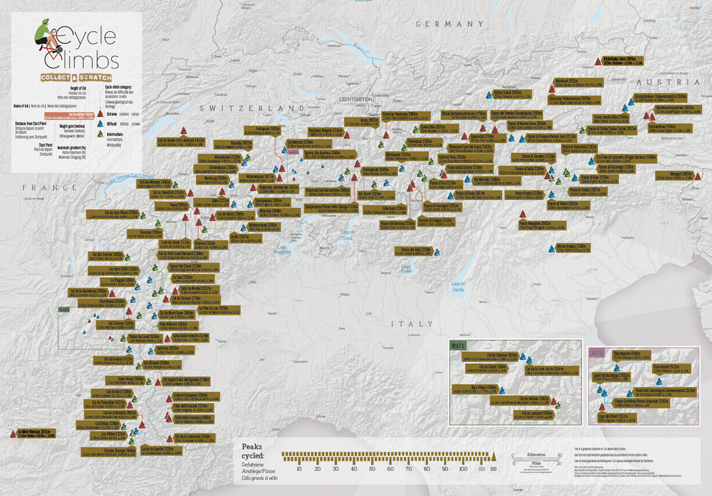 Stírací mapa cyklotras v Alpách