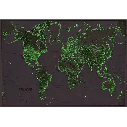 Nástěnná mapa světa svítící ve tmě