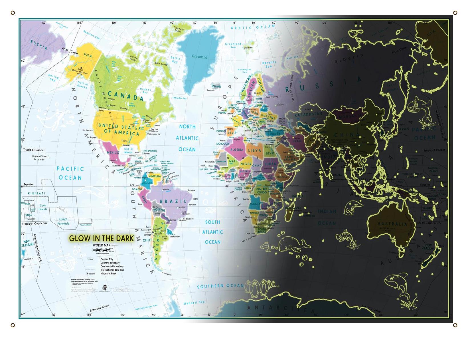 Dětská nástěnná mapa světa svítící ve tmě