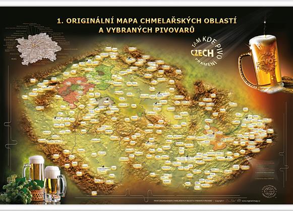 1. originální mapa chmelařských oblastí a vybraných pivovarů