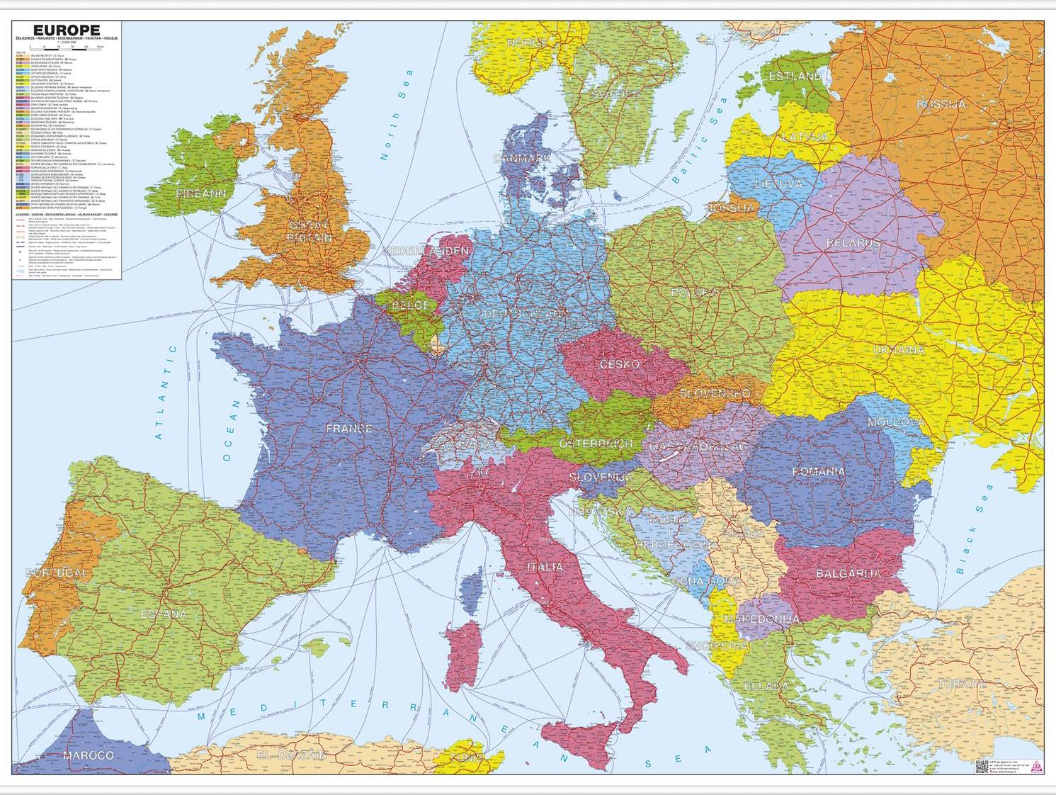 Železniční nástěnná mapa Evropy 