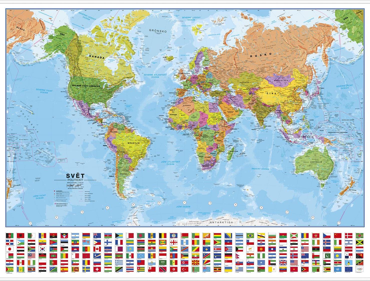 Politická nástěnná mapa světa v ČJ s vlajkami