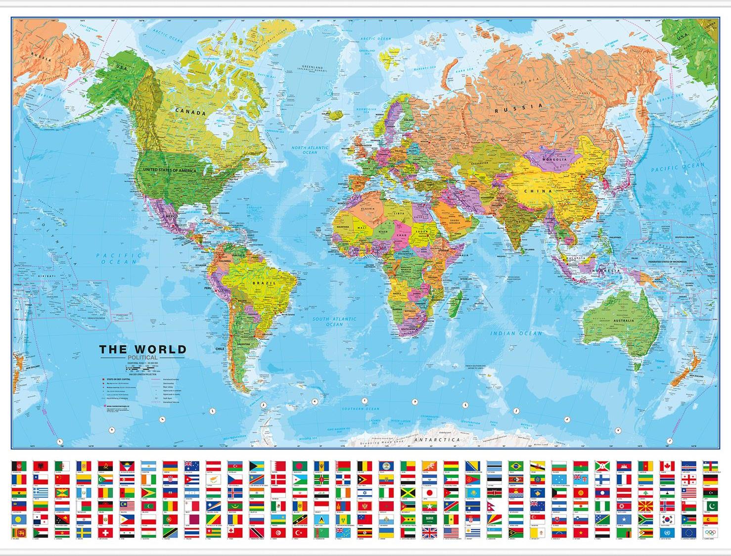Politická nástěnná mapa světa s vlajkami