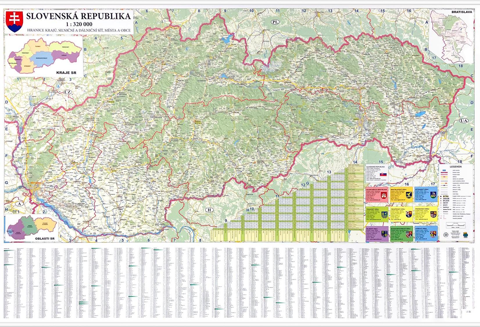 Silniční nástěnná mapa Slovenska