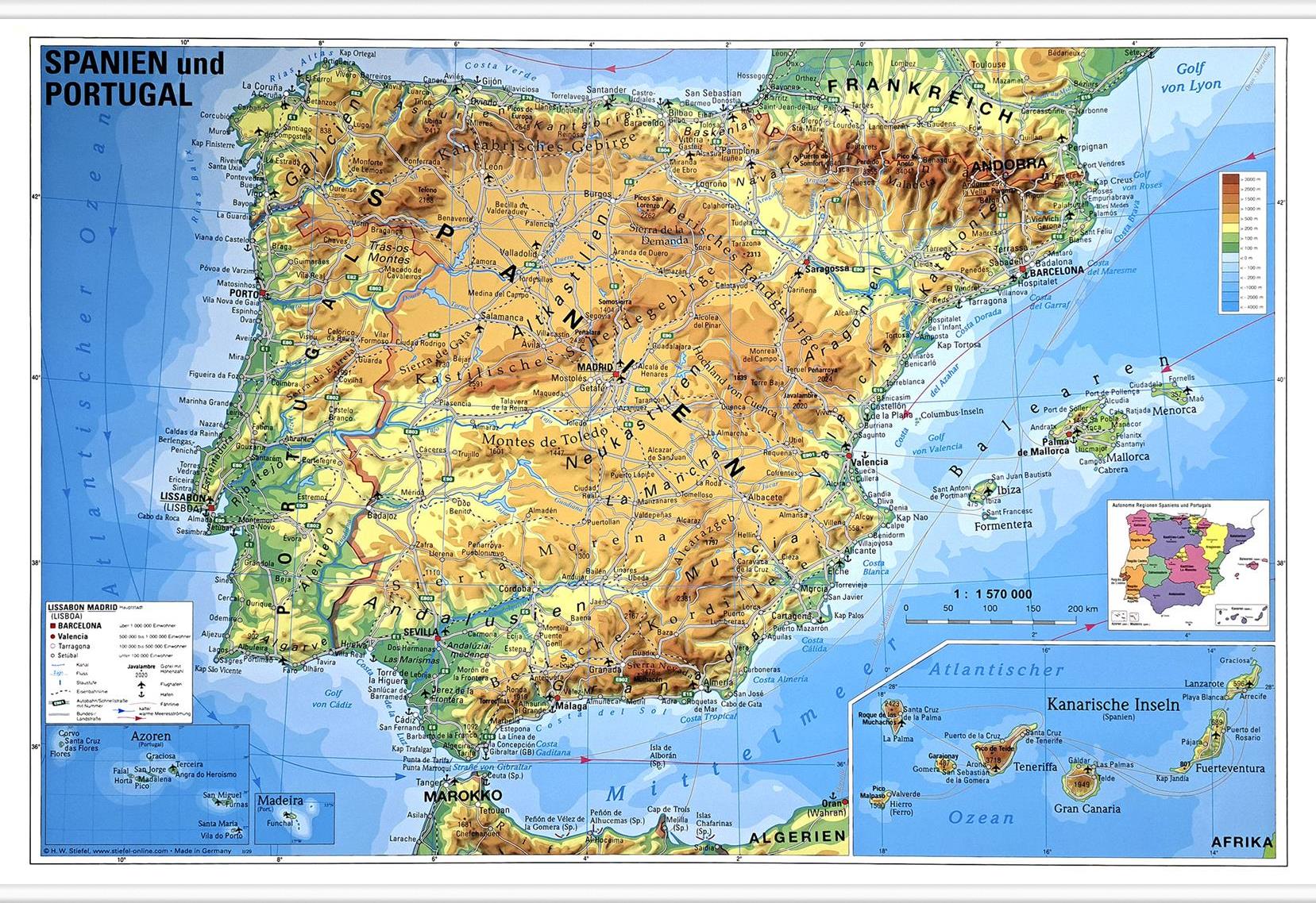 Zeměpisná nástěnná mapa Španělska a Portugalska