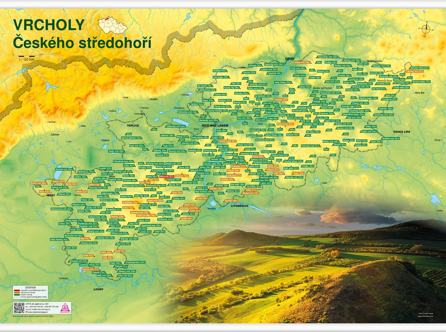 Nástěnná mapa vrcholů Českého středohoří