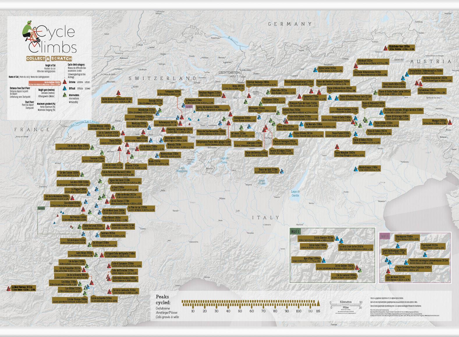 Stírací mapa cyklotras v Alpách