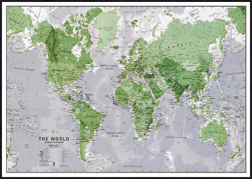 Nástěnná mapa světa svítící ve tmě zelená