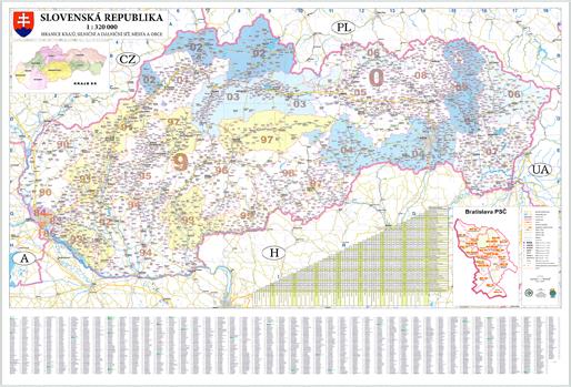 Nástěnná mapa PSČ Slovenska