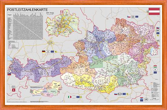 Spediční nástěnná mapa PSČ Rakouska