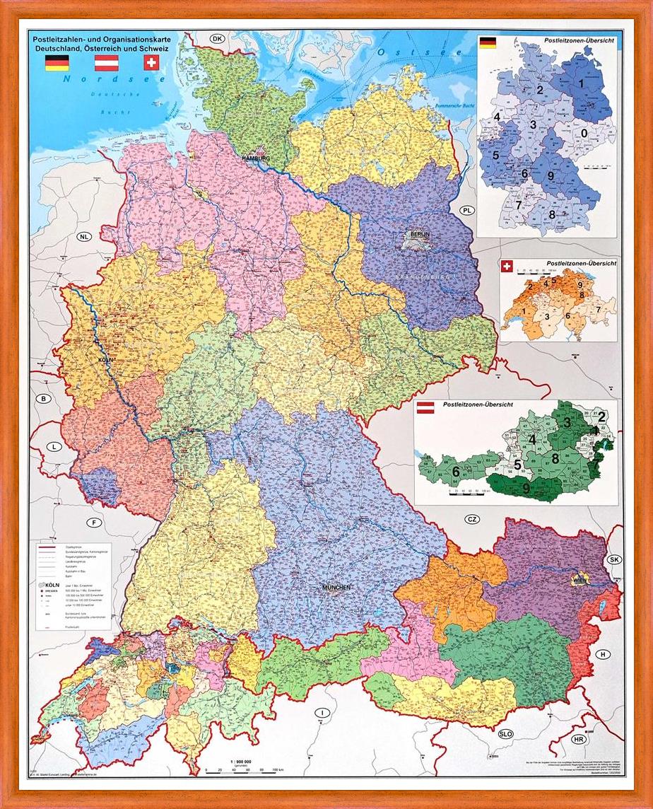 Spediční nástěnná mapa PSČ Německa, Rakouska a Švýcarska