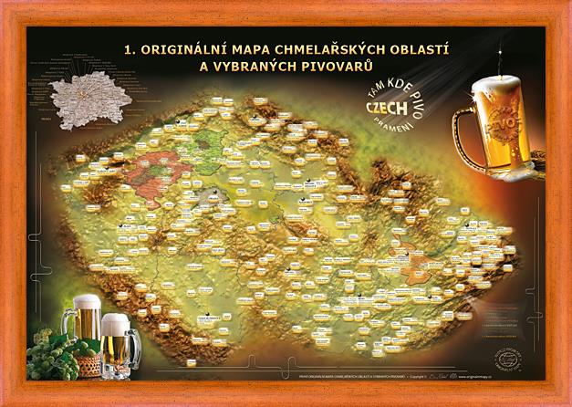 1. originální mapa chmelařských oblastí a vybraných pivovarů