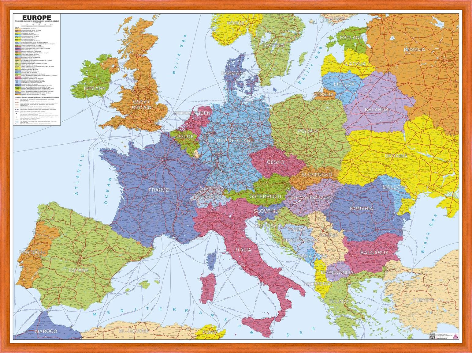 Železniční nástěnná mapa Evropy 