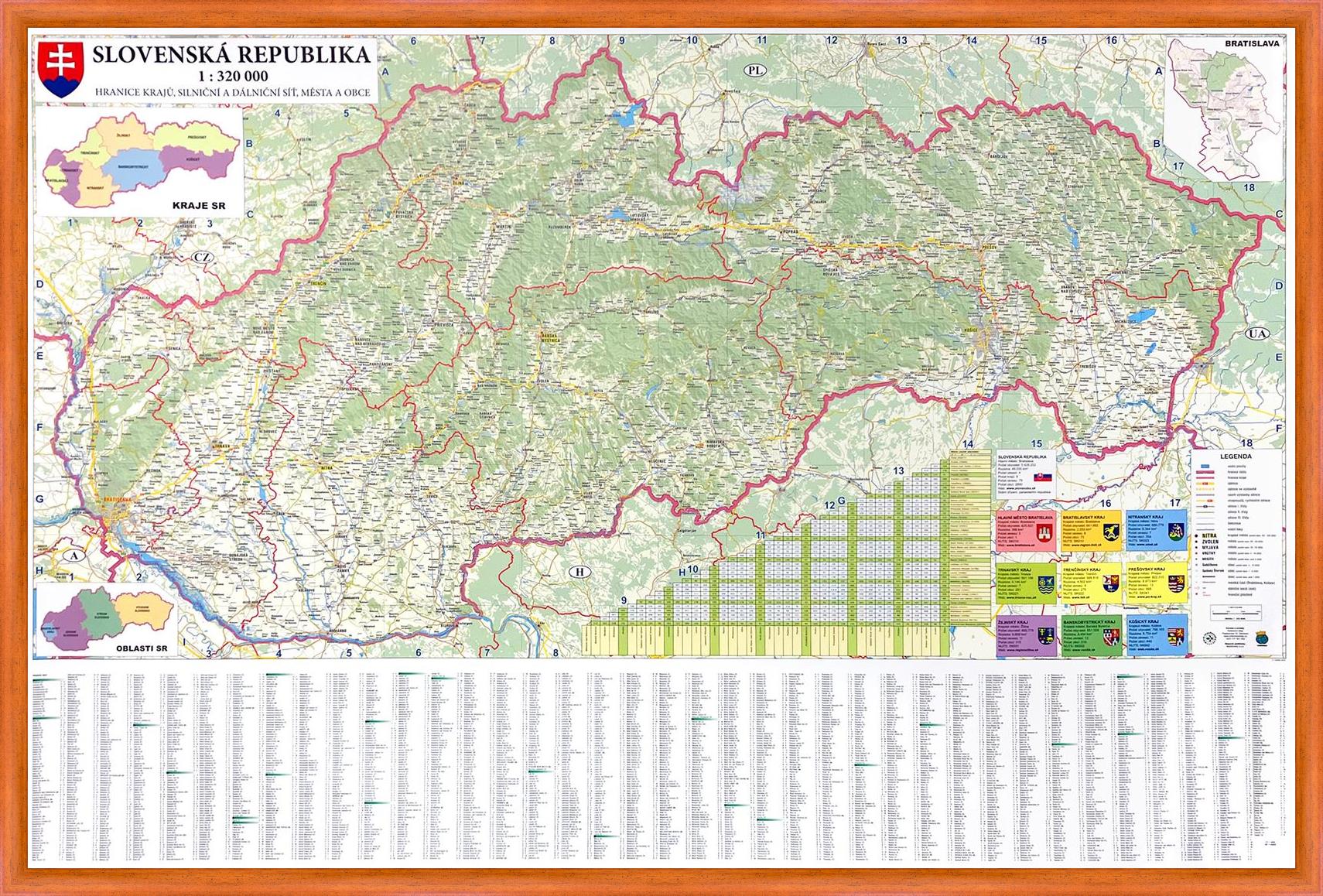 Silniční nástěnná mapa Slovenska