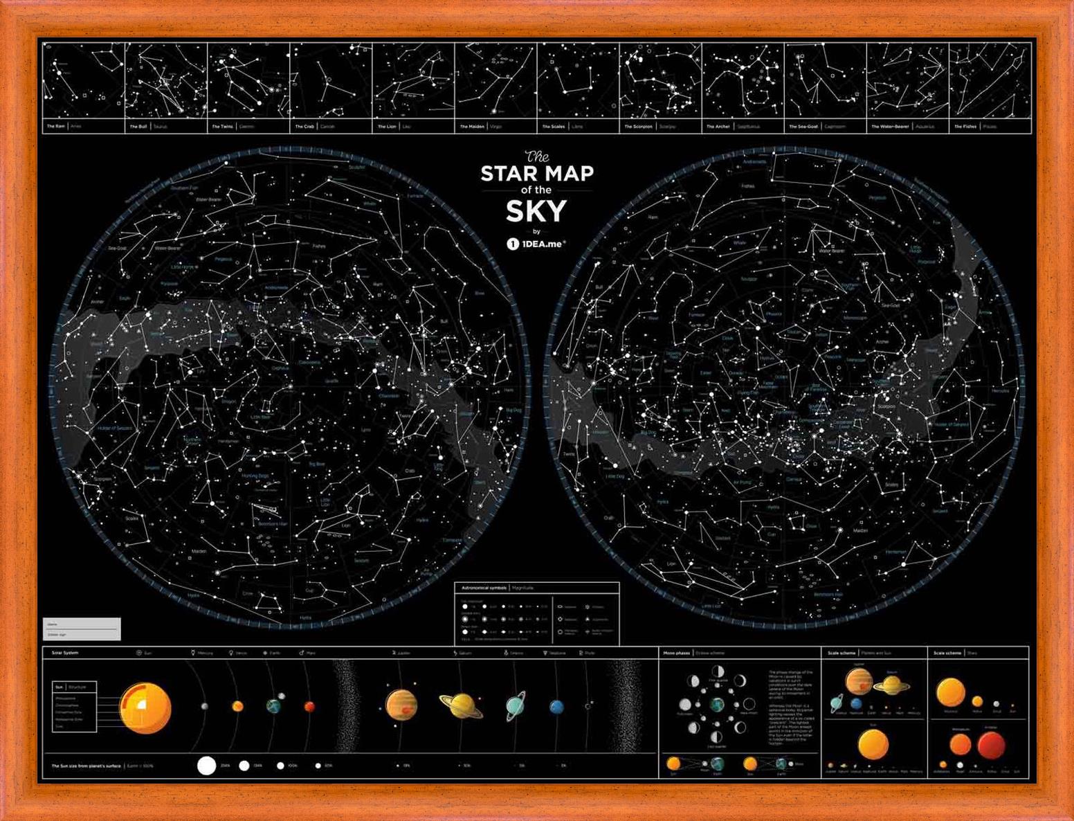 Mapa noční hvězdné oblohy fosforeskující v noci v rámu