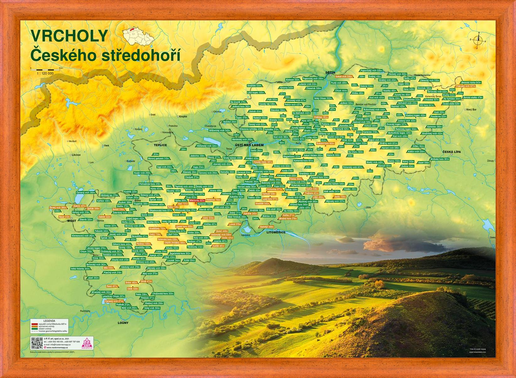 Nástěnná mapa vrcholů Českého středohoří